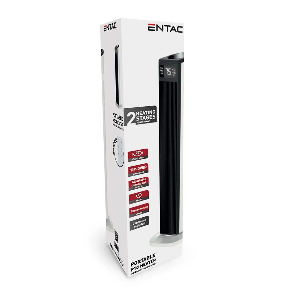 Entac přenosný PTC ventilátorový ohřívač věžový bílý s LED displejem 2000W 70cm